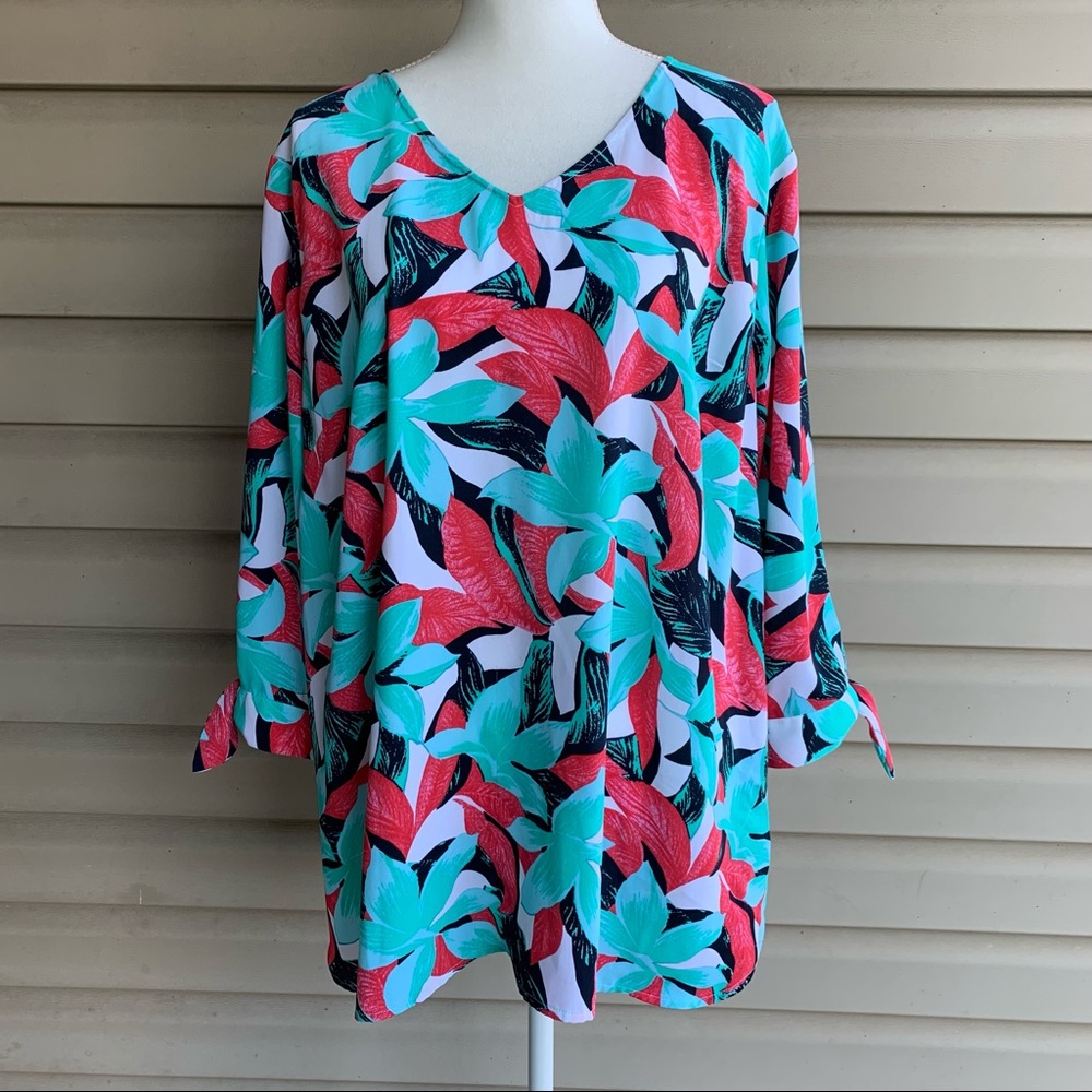 •Talbots• Jade/Coral Tropical Floral Tie 3/4 Sleeve  Top - Size 2X